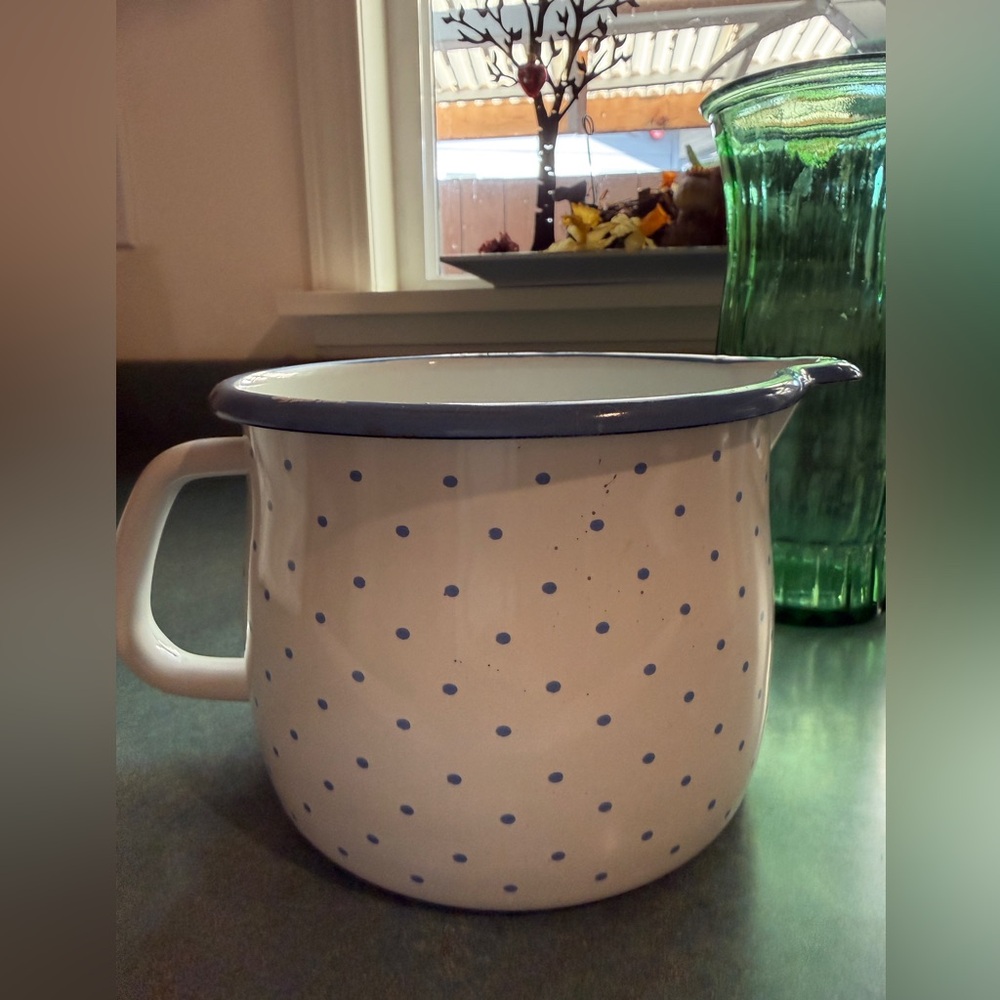 Cute German Farmhouse Style White Polka Dot Enamelware Pitcher with Blue Trim
